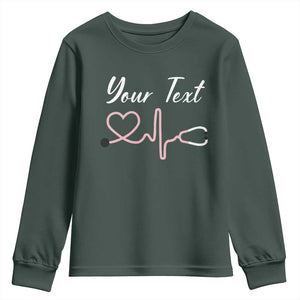 Personalized Nurse Youth Sweatshirt Custom Name Nurse Gift Heartbeat Valentines Day Heart TS10 Dark Forest Green Print Your Wear