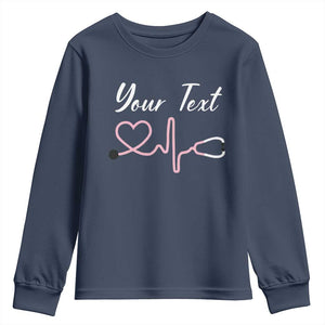 Personalized Nurse Youth Sweatshirt Custom Name Nurse Gift Heartbeat Valentines Day Heart TS10 Navy Print Your Wear