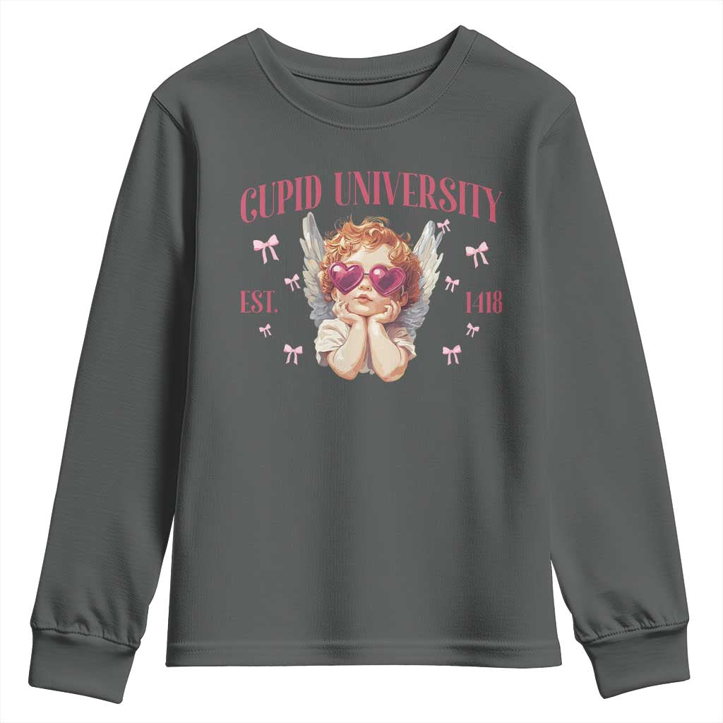 Cupid University Youth Sweatshirt Cute Valentines Day Funny College TS10 Dark Heather Print Your Wear