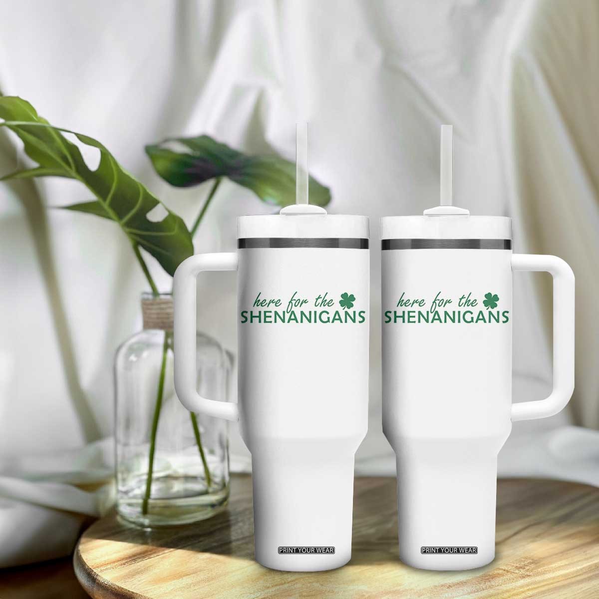 Funny Irish St Patricks Day Tumbler With Handle Here For The Shenanigan Shamrock TS10 Print Your Wear