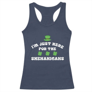 Funny Irish St Patricks Day Racerback Tank Top I'm Just Here For The Shenanigans Shamrock TS10 Navy Print Your Wear