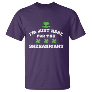 Funny Irish St Patricks Day T Shirt I'm Just Here For The Shenanigans Shamrock TS10 Purple Print Your Wear
