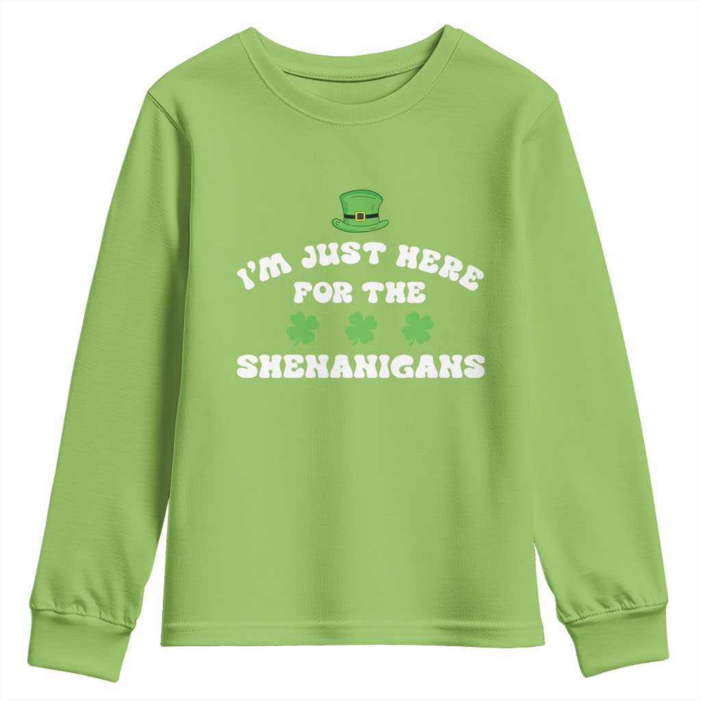 Funny Irish St Patricks Day Youth Sweatshirt I'm Just Here For The Shenanigans Shamrock TS10 Lime Print Your Wear