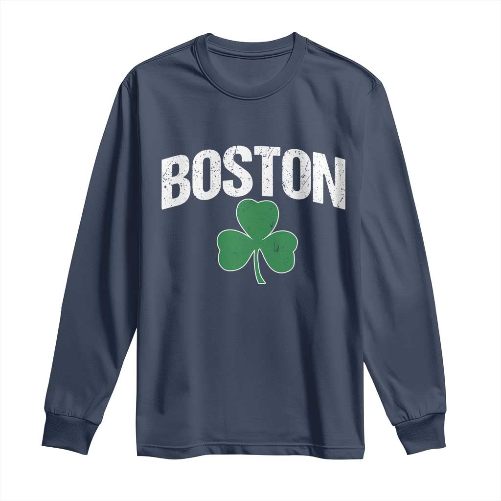 Boston Long Sleeve Shirt St Patricks Day Irish Green Shamrock Massachusetts TS10 Navy Print Your Wear