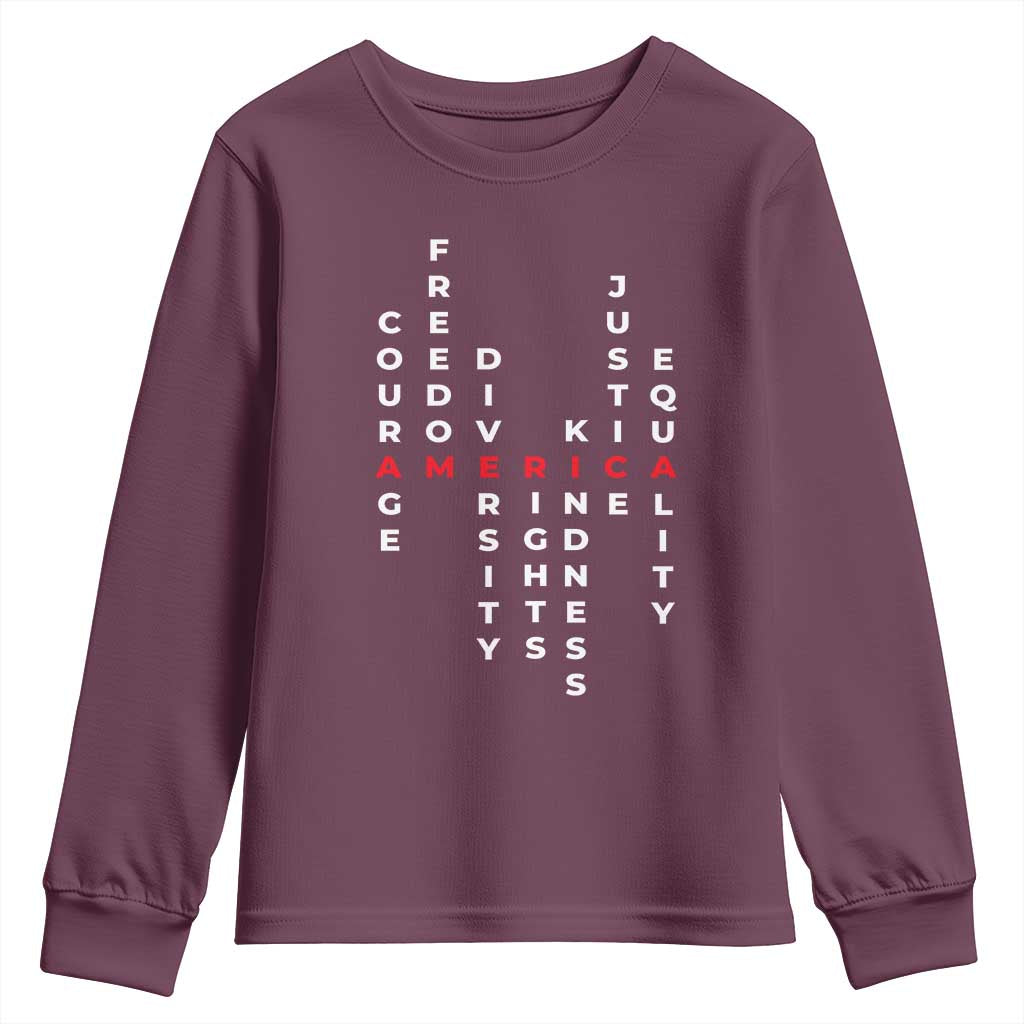 Equal Rights Youth Sweatshirt Courage Freedom Diversity Rights Kindness Justice Equality TS10 Maroon Print Your Wear
