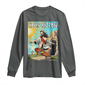 He is Rizzen Long Sleeve Shirt Funny Jesus Skateboarding Christian Meme TS10 Dark Heather Print Your Wear