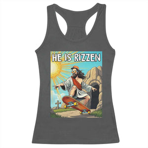 He is Rizzen Racerback Tank Top Funny Jesus Skateboarding Christian Meme TS10 Dark Heather Print Your Wear