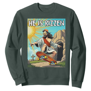 He is Rizzen Sweatshirt Funny Jesus Skateboarding Christian Meme TS10 Dark Forest Green Print Your Wear