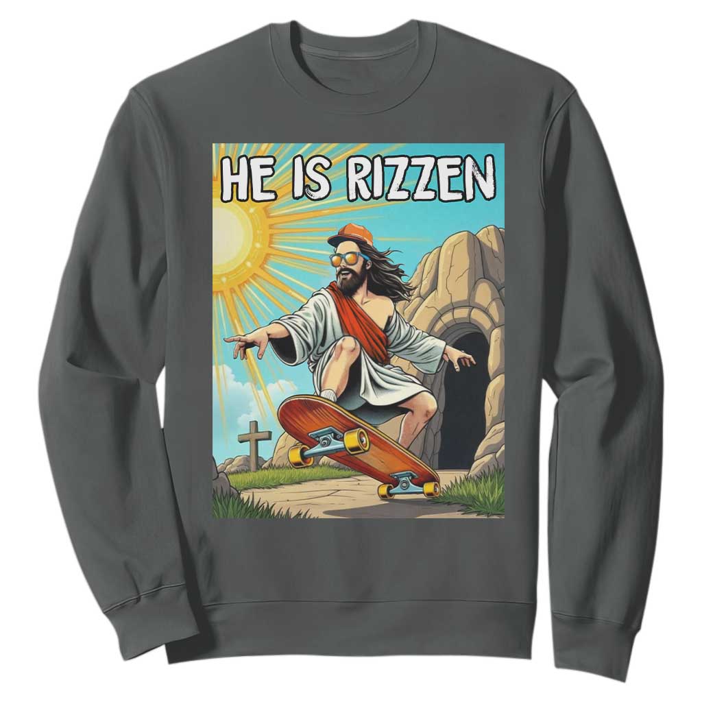 He is Rizzen Sweatshirt Funny Jesus Skateboarding Christian Meme TS10 Dark Heather Print Your Wear
