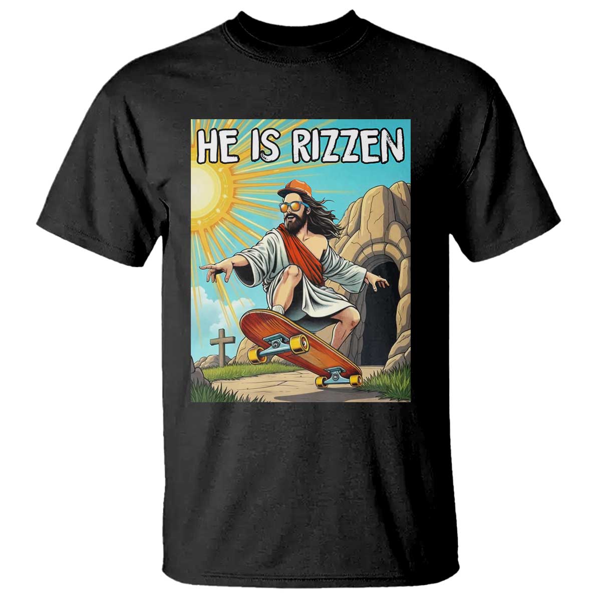 He is Rizzen T Shirt Funny Jesus Skateboarding Christian Meme TS10 Black Print Your Wear