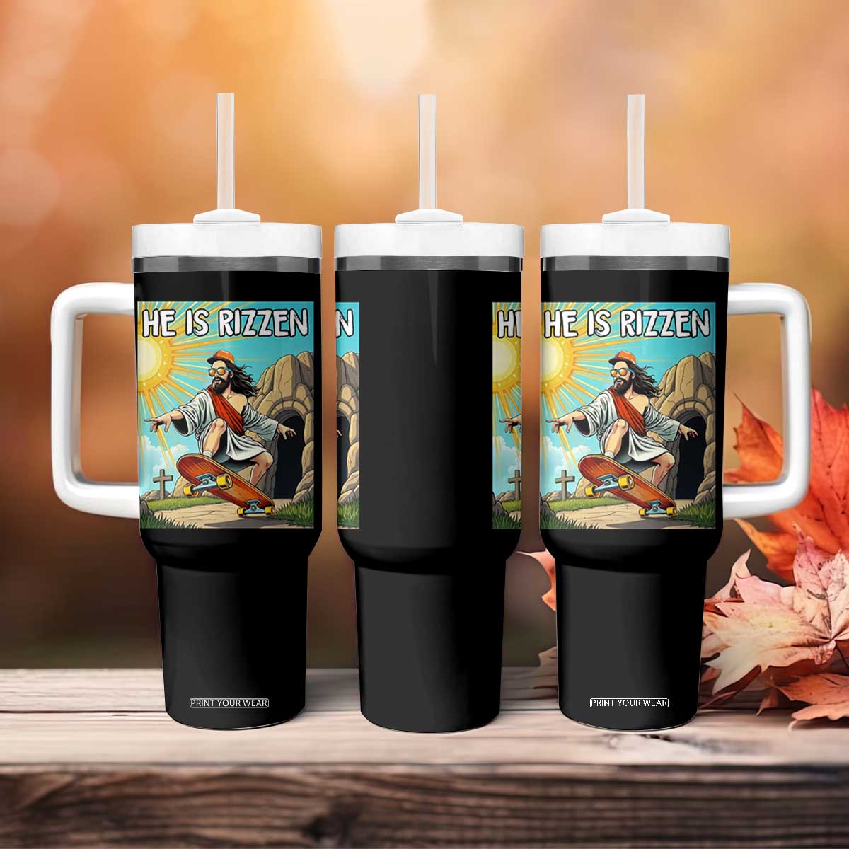 He is Rizzen Tumbler With Handle Funny Jesus Skateboarding Christian Meme TS10 Print Your Wear
