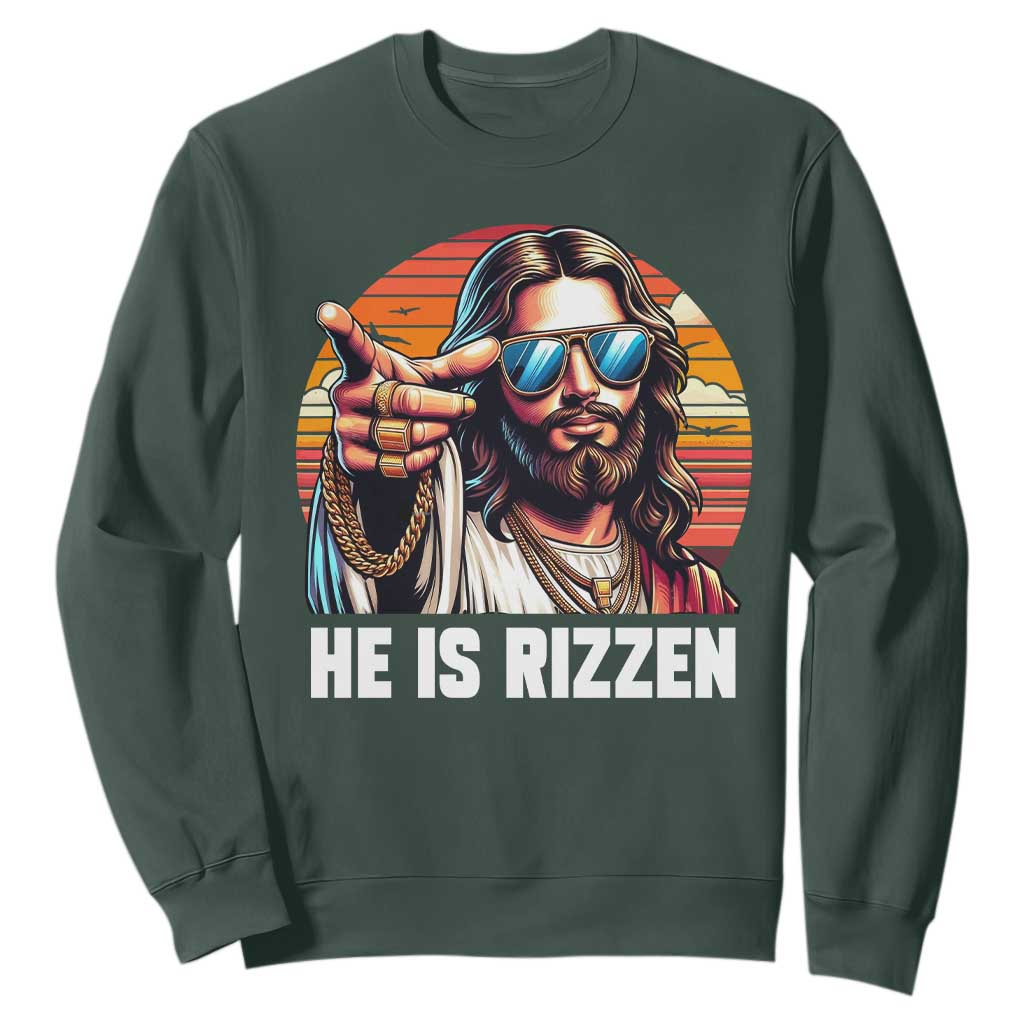 He is Rizzin Sweatshirt Funny Jesus Vintage Faith TS10 Dark Forest Green Print Your Wear