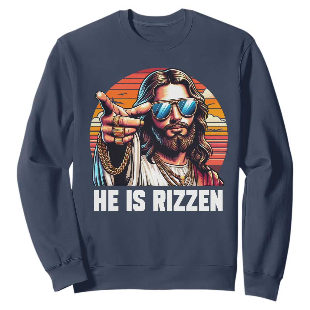He is Rizzin Sweatshirt Funny Jesus Vintage Faith TS10 Navy Print Your Wear