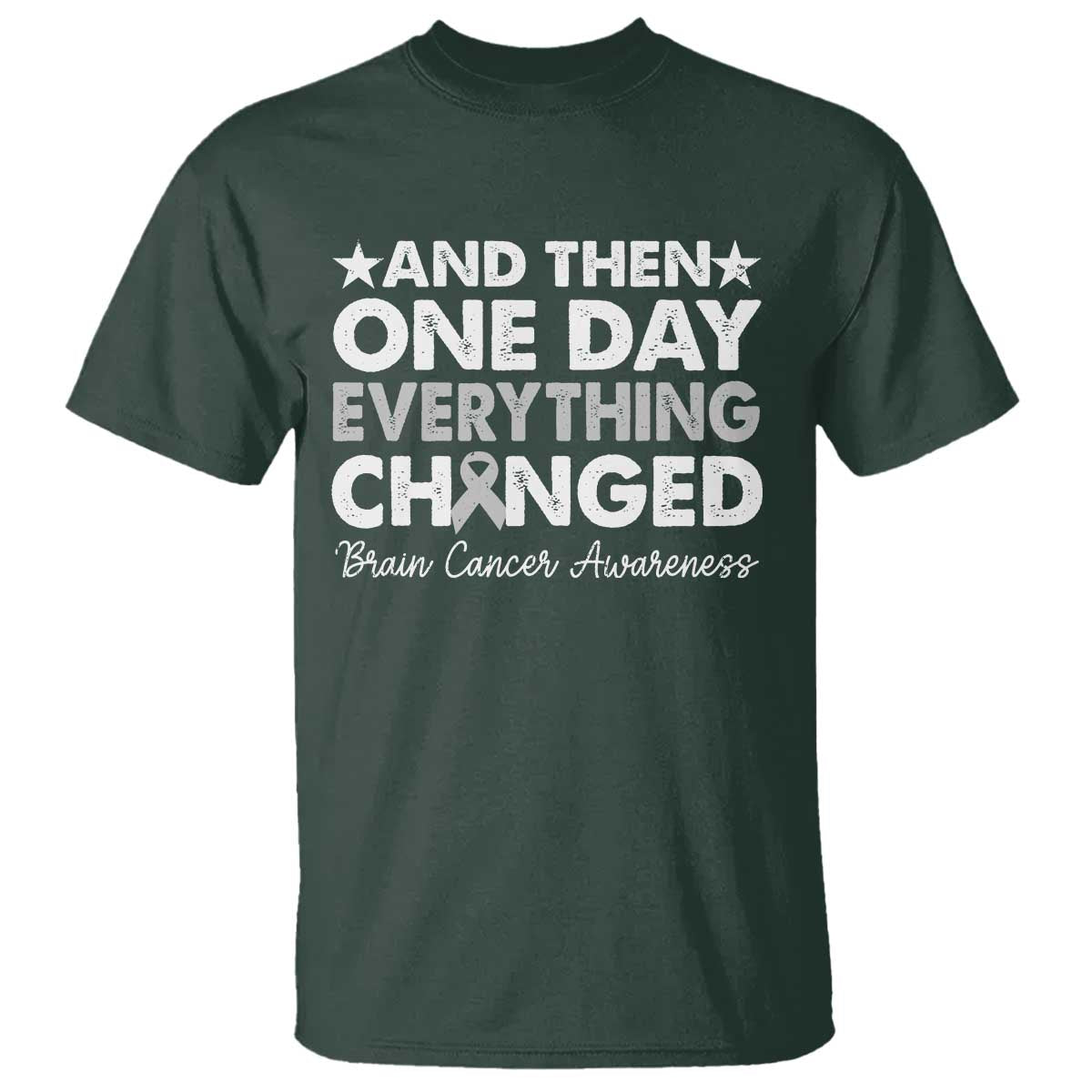 Brain Cancer Awareness T Shirt Retro Fight Brain Tumor Cure Gray Ribbon TS10 Dark Forest Green Print Your Wear