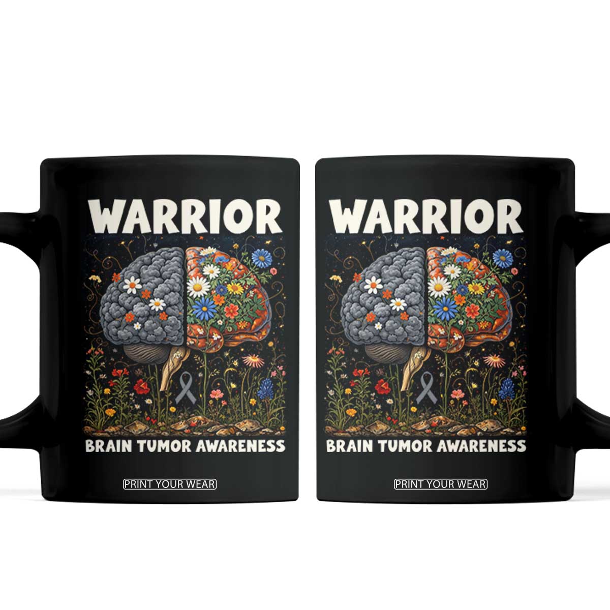 Brain Tumor Warrior Coffee Mug Gray Ribbon Brain Cancer Awareness TS10 Black Print Your Wear