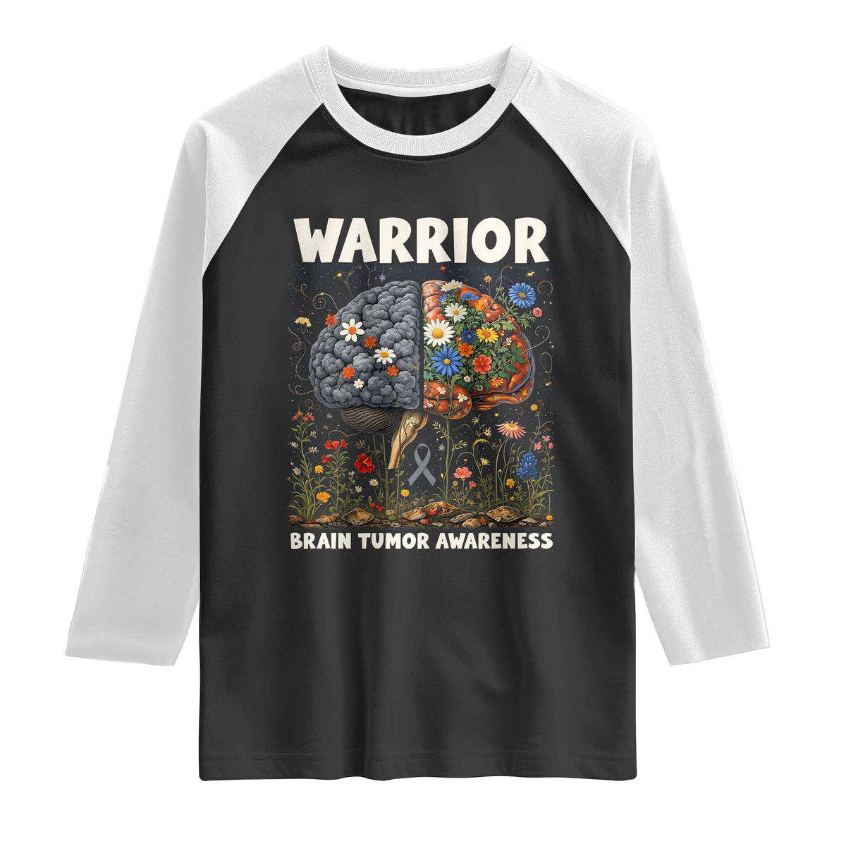 Brain Tumor Warrior Raglan Shirt Gray Ribbon Brain Cancer Awareness TS10 Black White Print Your Wear