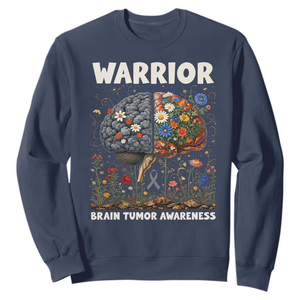 Brain Tumor Warrior Sweatshirt Gray Ribbon Brain Cancer Awareness TS10 Navy Print Your Wear