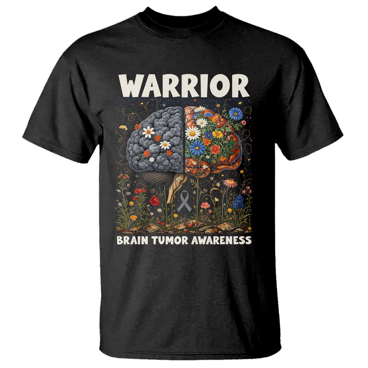 Brain Tumor Warrior T Shirt Gray Ribbon Brain Cancer Awareness TS10 Black Print Your Wear