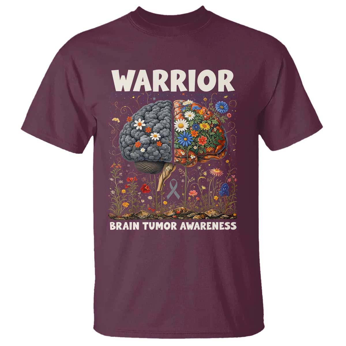 Brain Tumor Warrior T Shirt Gray Ribbon Brain Cancer Awareness TS10 Maroon Print Your Wear