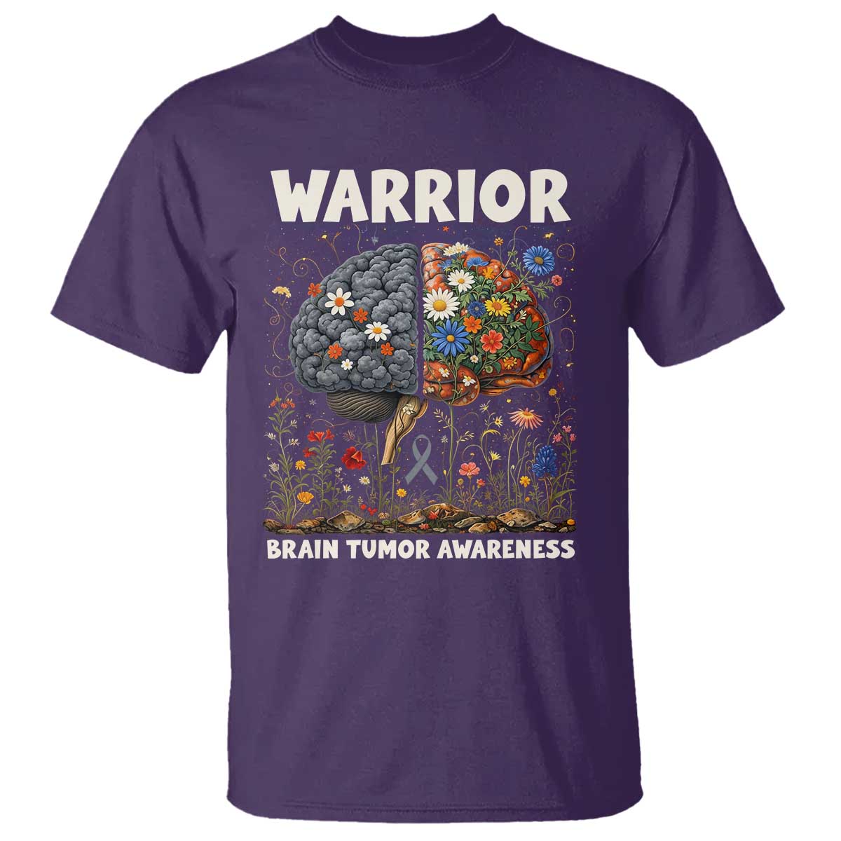 Brain Tumor Warrior T Shirt Gray Ribbon Brain Cancer Awareness TS10 Purple Print Your Wear