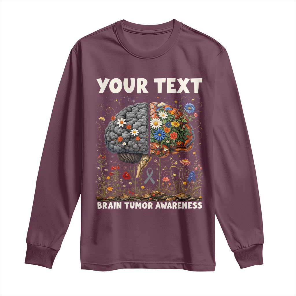 Personalized Brain Tumor Warrior Long Sleeve Shirt Custom Name Gray Ribbon Brain Cancer Awareness TS10 Maroon Print Your Wear