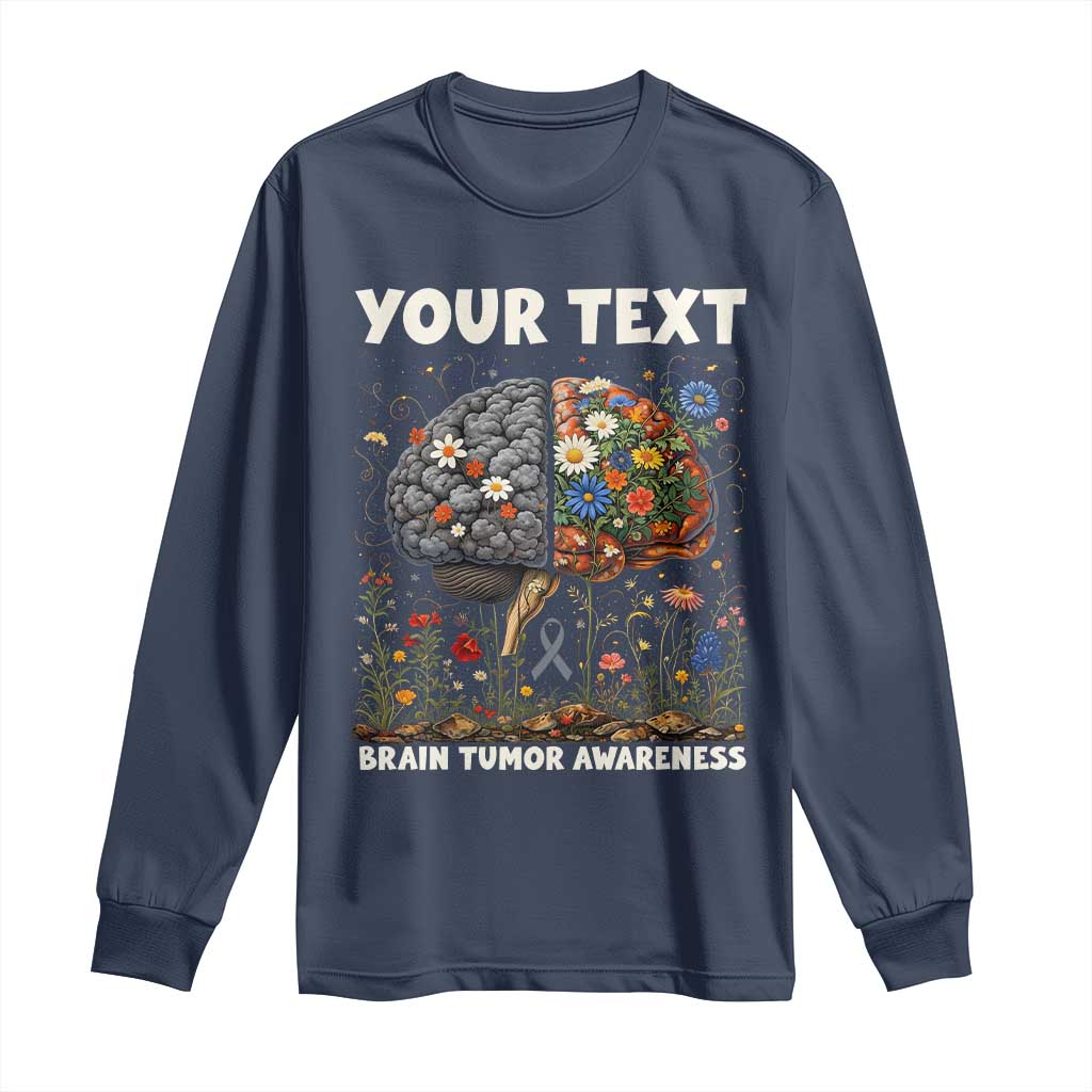 Personalized Brain Tumor Warrior Long Sleeve Shirt Custom Name Gray Ribbon Brain Cancer Awareness TS10 Navy Print Your Wear