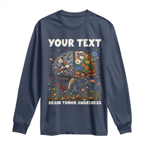 Personalized Brain Tumor Warrior Long Sleeve Shirt Custom Name Gray Ribbon Brain Cancer Awareness TS10 Navy Print Your Wear