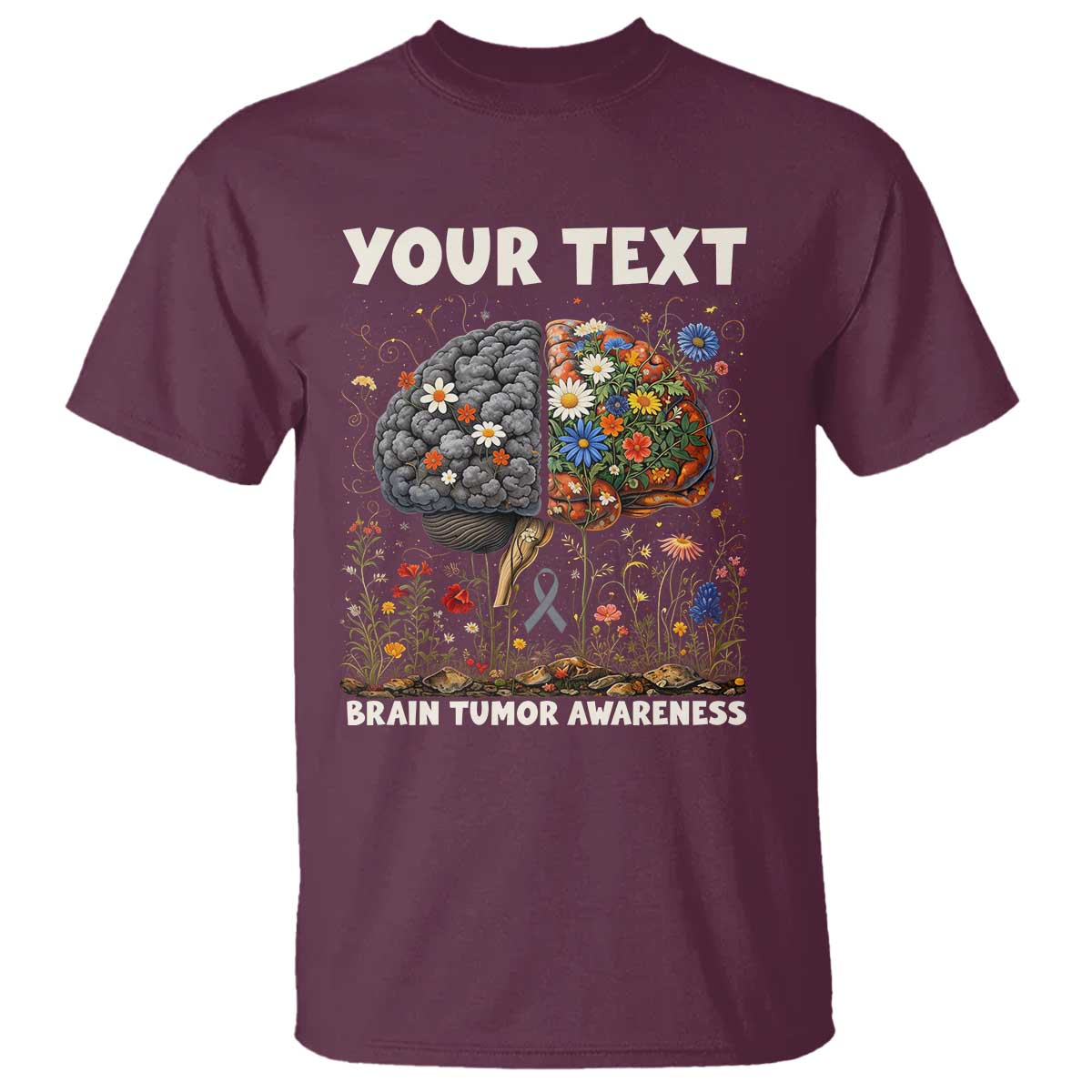 Personalized Brain Tumor Warrior T Shirt Custom Name Gray Ribbon Brain Cancer Awareness TS10 Maroon Print Your Wear
