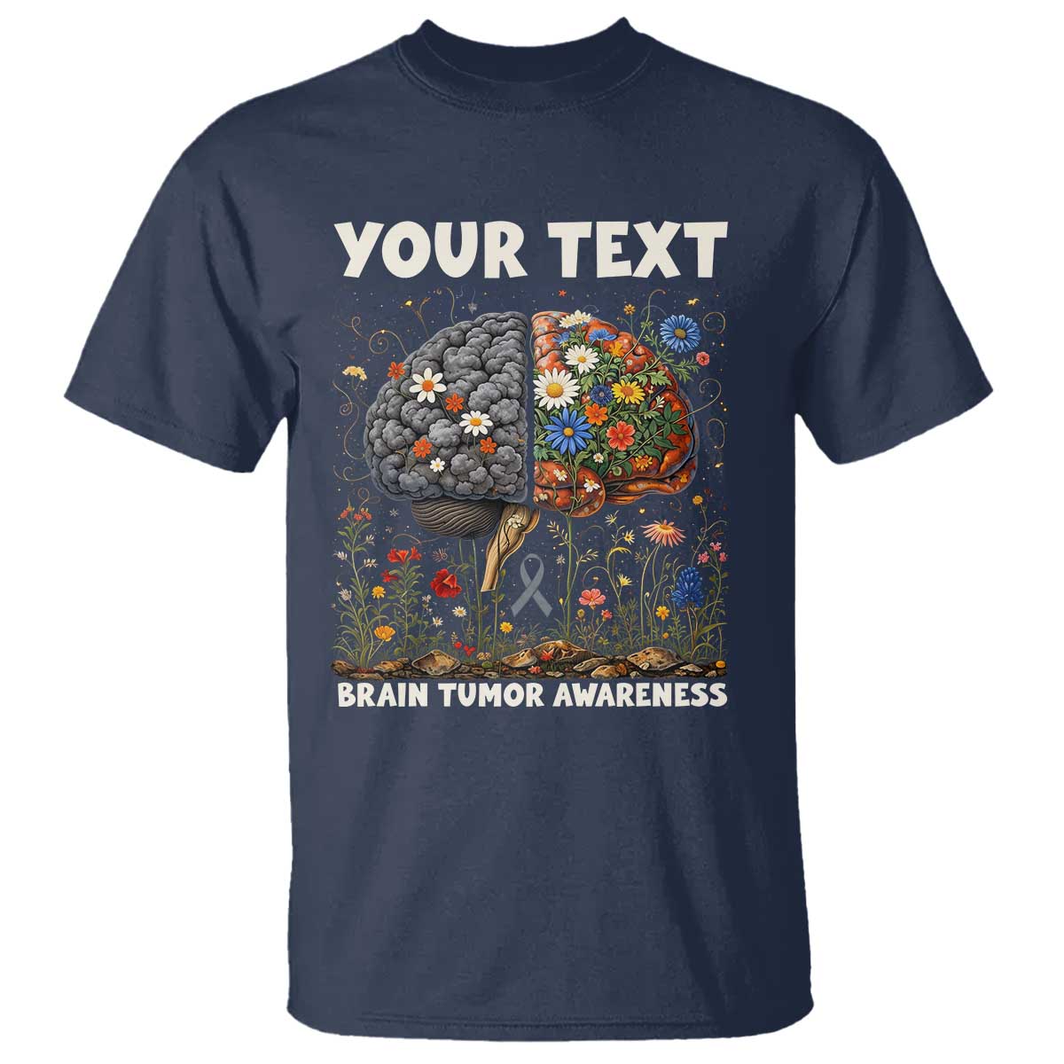 Personalized Brain Tumor Warrior T Shirt Custom Name Gray Ribbon Brain Cancer Awareness TS10 Navy Print Your Wear