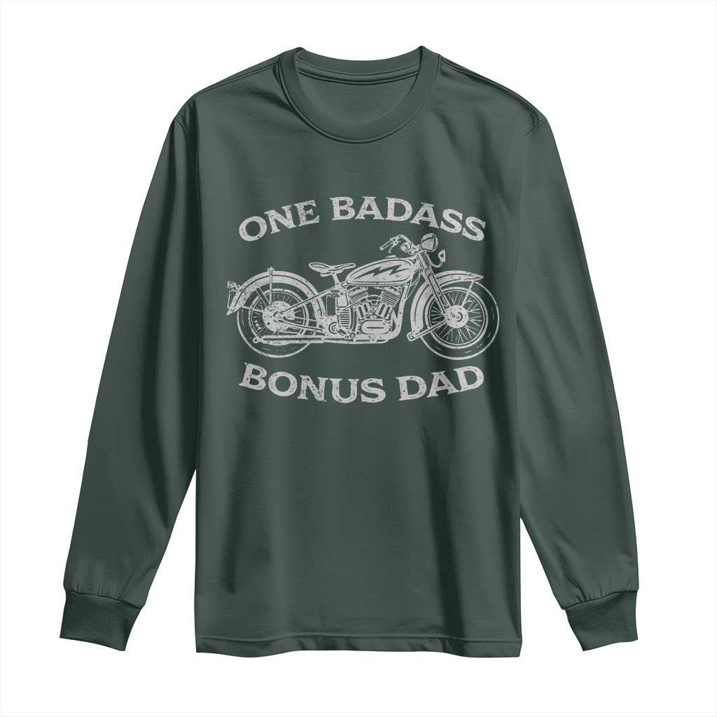 One Badass Bonus Dad Long Sleeve Shirt Funny Stepdad Motorcycle Graphic Mens Biker TS10 Dark Forest Green Print Your Wear