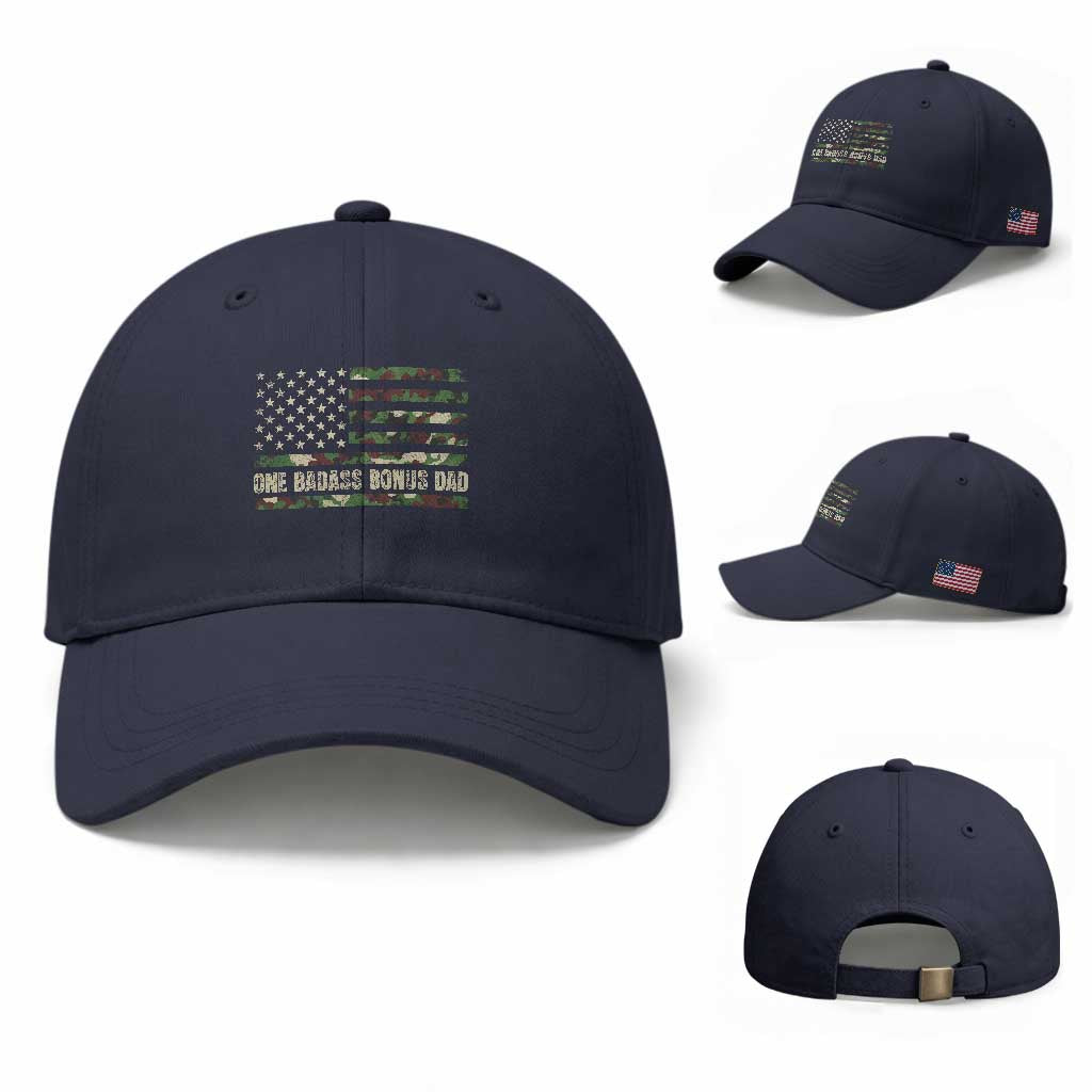 One Badass Bonus Dad Baseball Cap Funny Stepdad Camo American Flag TS10 Baseball Cap Universal Fit Navy Print Your Wear