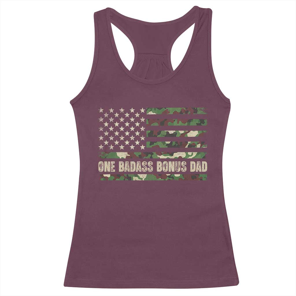 One Badass Bonus Dad Racerback Tank Top Funny Stepdad Camo American Flag TS10 Maroon Print Your Wear