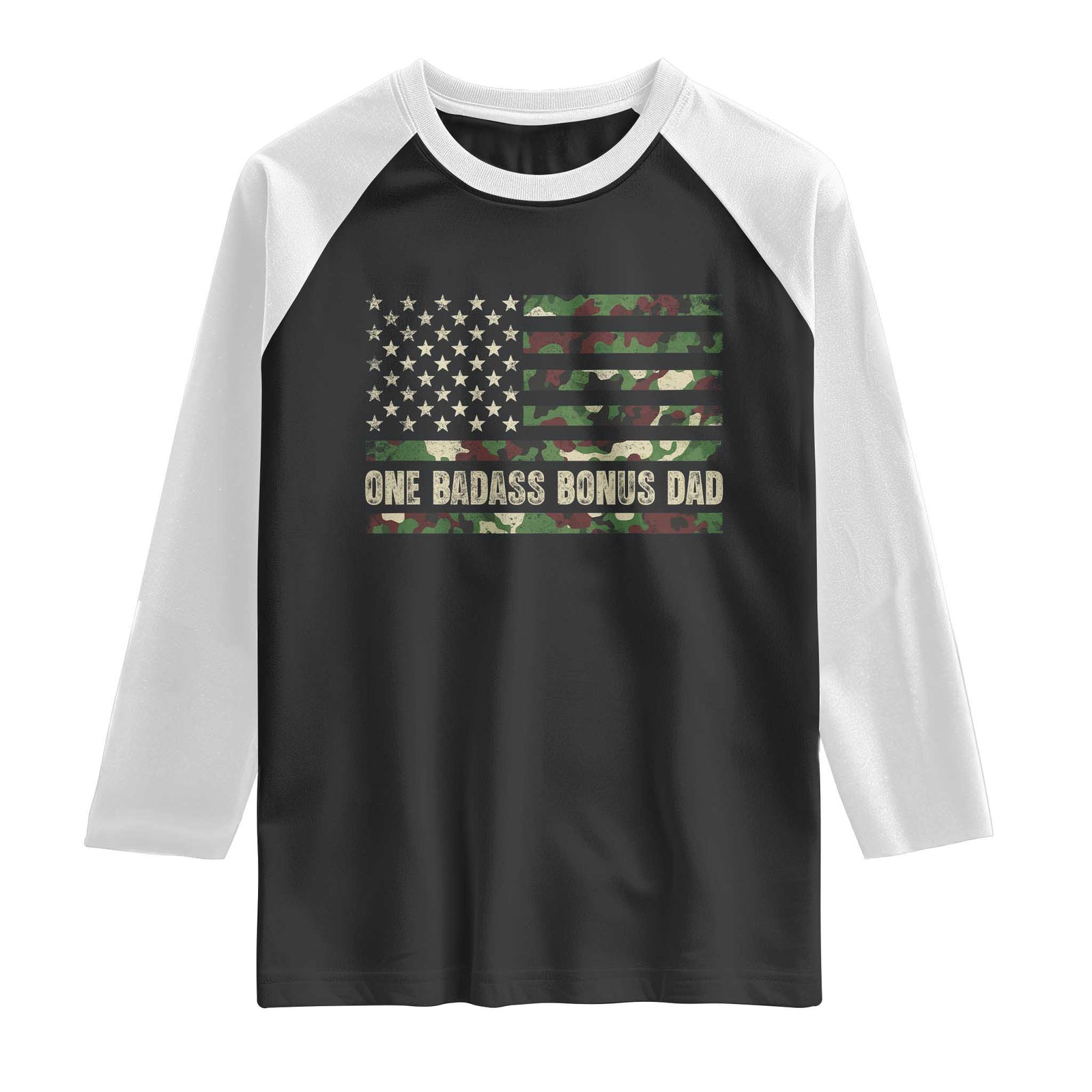 One Badass Bonus Dad Raglan Shirt Funny Stepdad Camo American Flag TS10 Black White Print Your Wear