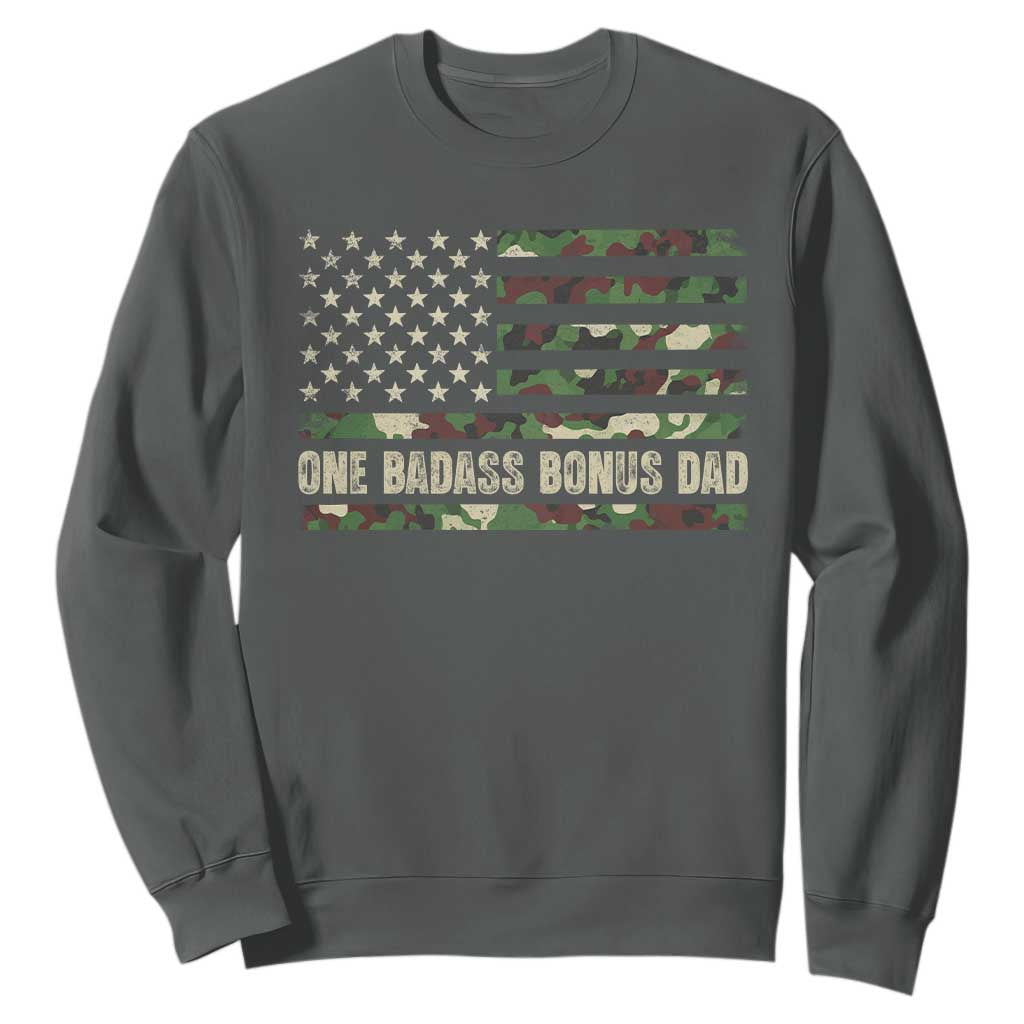 One Badass Bonus Dad Sweatshirt Funny Stepdad Camo American Flag TS10 Dark Heather Print Your Wear
