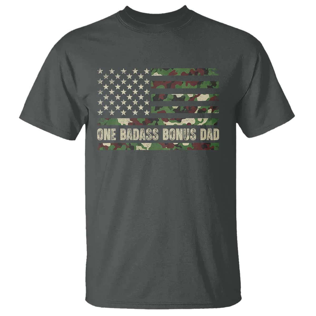 One Badass Bonus Dad T Shirt Funny Stepdad Camo American Flag TS10 Dark Heather Print Your Wear