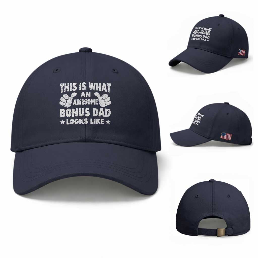 Funny Stepdad Baseball Cap This Is What An Awesome Bonus Dad Looks Like TS10 Baseball Cap Universal Fit Navy Print Your Wear