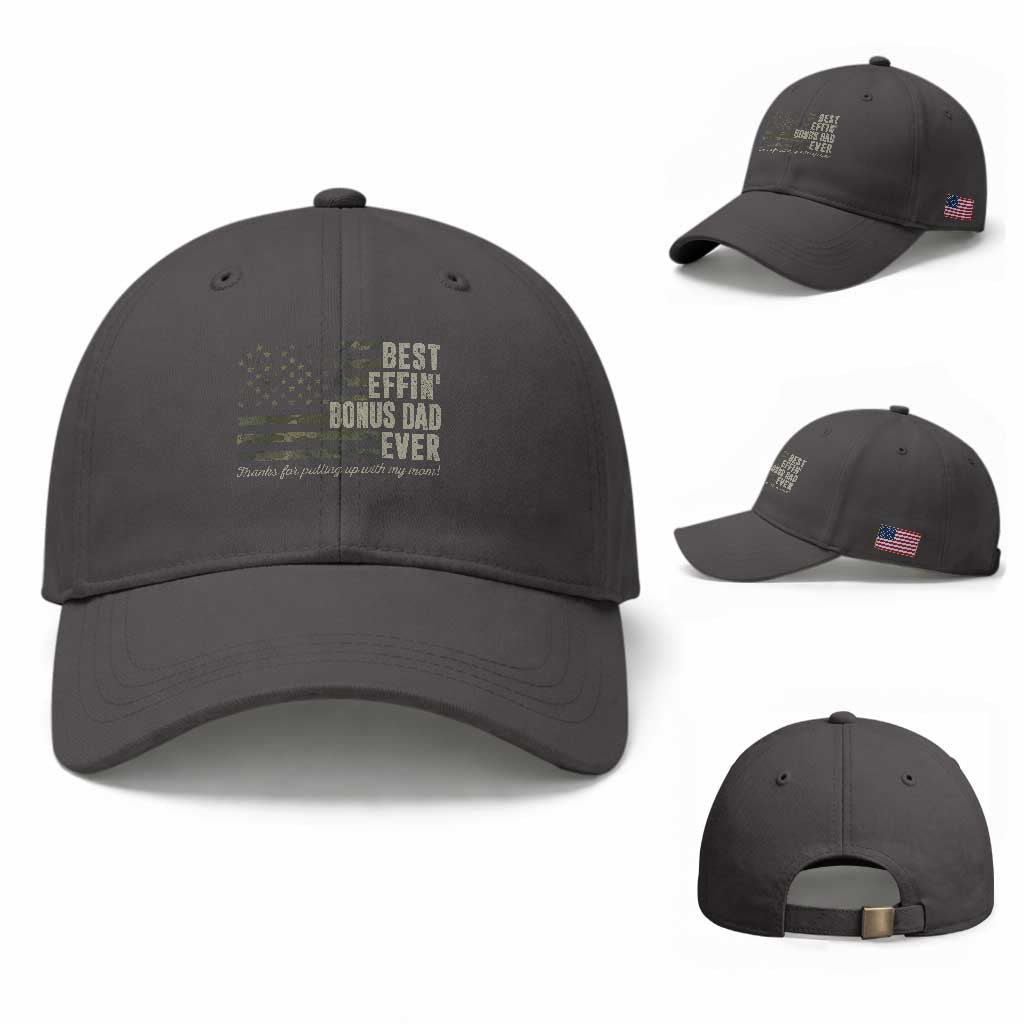 Best Effin’ Bonus Dad Ever Baseball Cap Step Dad Camo American Flag Camouflage TS10 Baseball Cap Universal Fit Dark Gray Print Your Wear