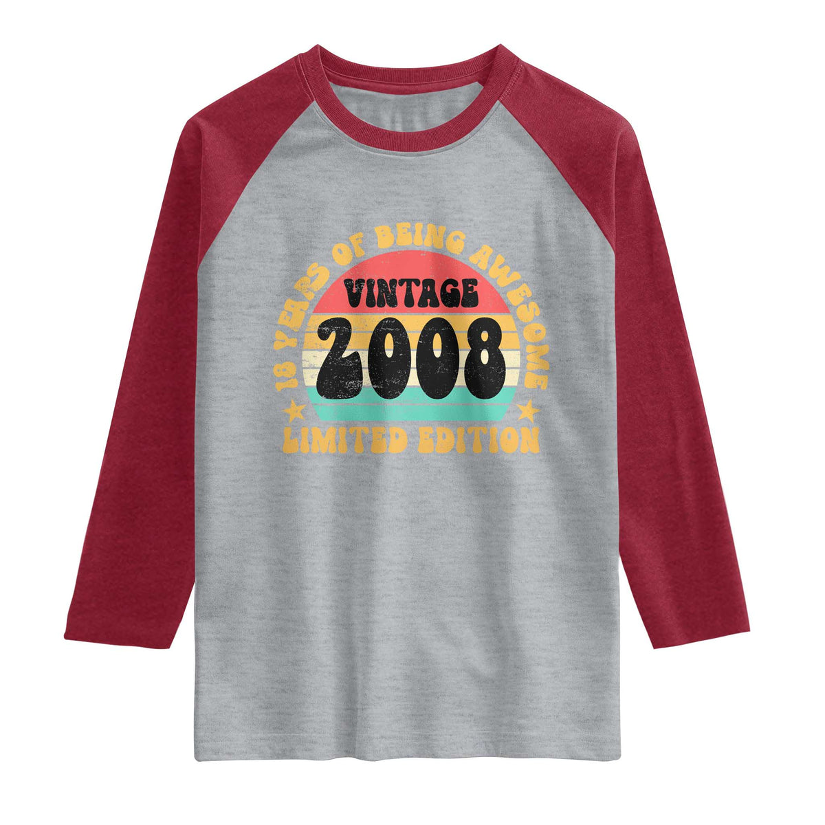 18th Birthday Raglan Shirt Vintage 18yr 2008 Limited Edition 18 Year Old Gift TS10 Heather Gray Heather Red Print Your Wear