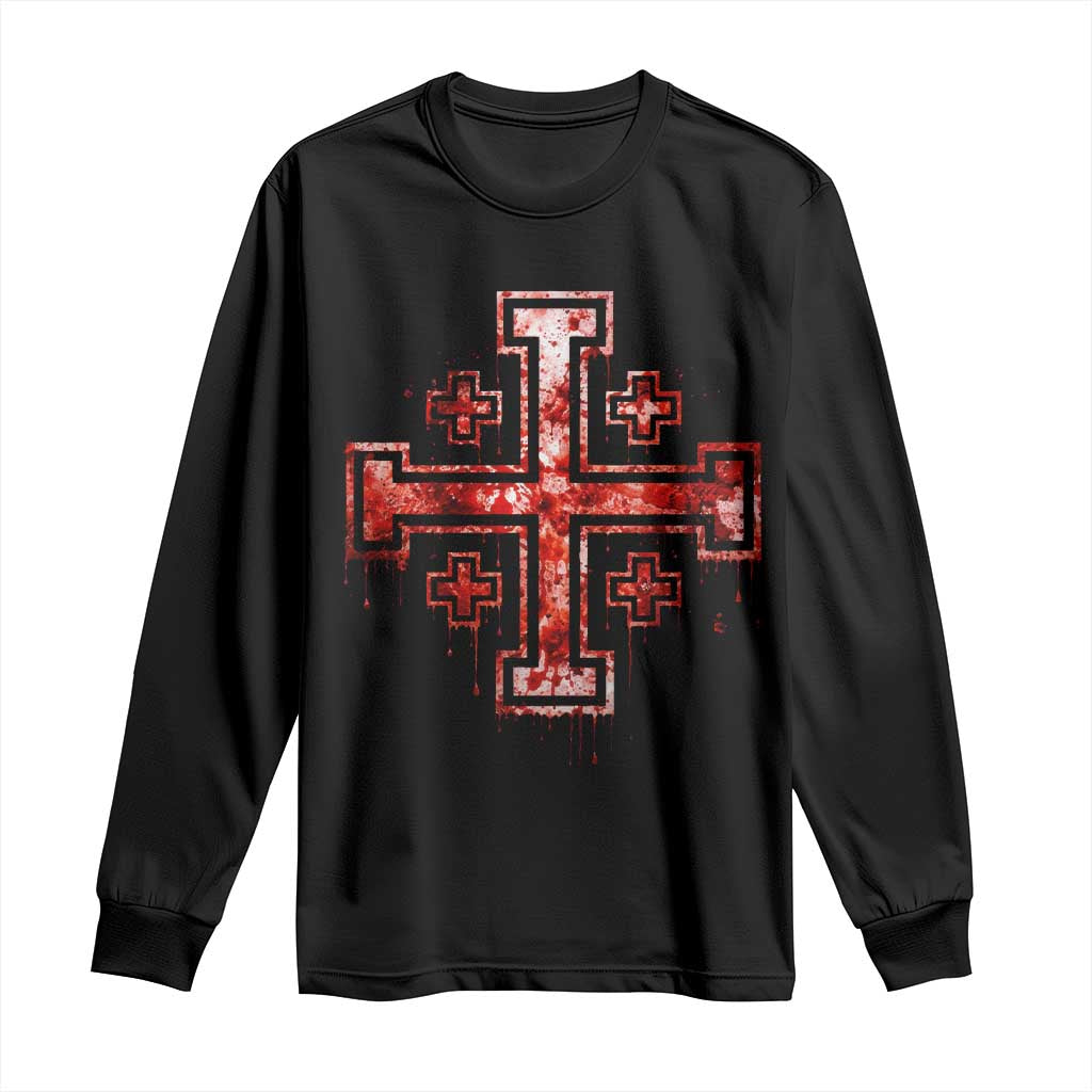 Crusader Jerusalem Cross Catholic Long Sleeve Shirt Gothic Christian Dark Faith Grunge Blood Splatter TS10 Black Print Your Wear
