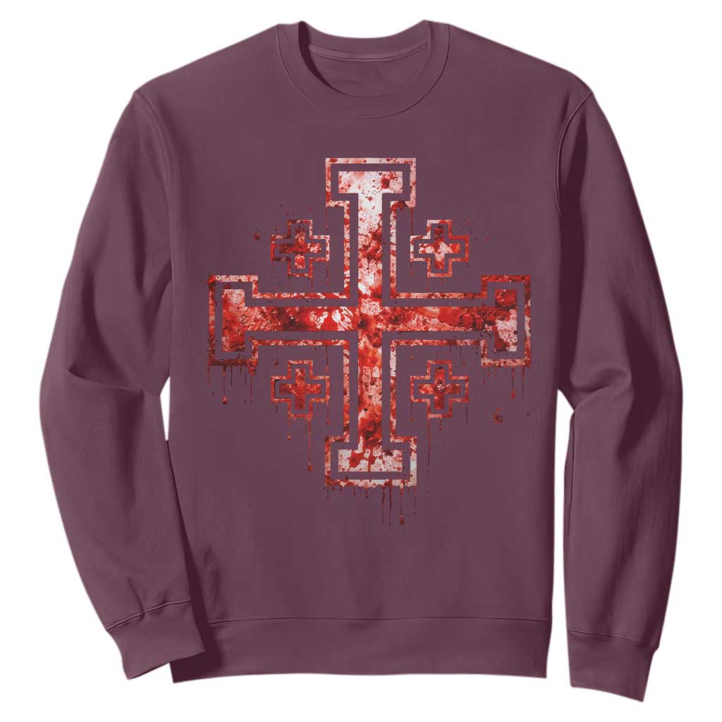 Crusader Jerusalem Cross Catholic Sweatshirt Gothic Christian Dark Faith Grunge Blood Splatter TS10 Maroon Print Your Wear