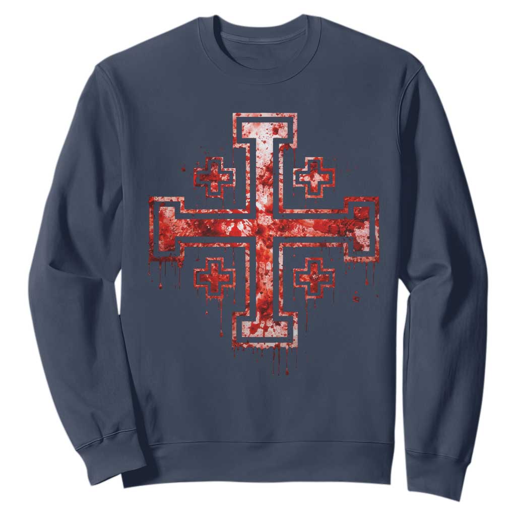 Crusader Jerusalem Cross Catholic Sweatshirt Gothic Christian Dark Faith Grunge Blood Splatter TS10 Navy Print Your Wear