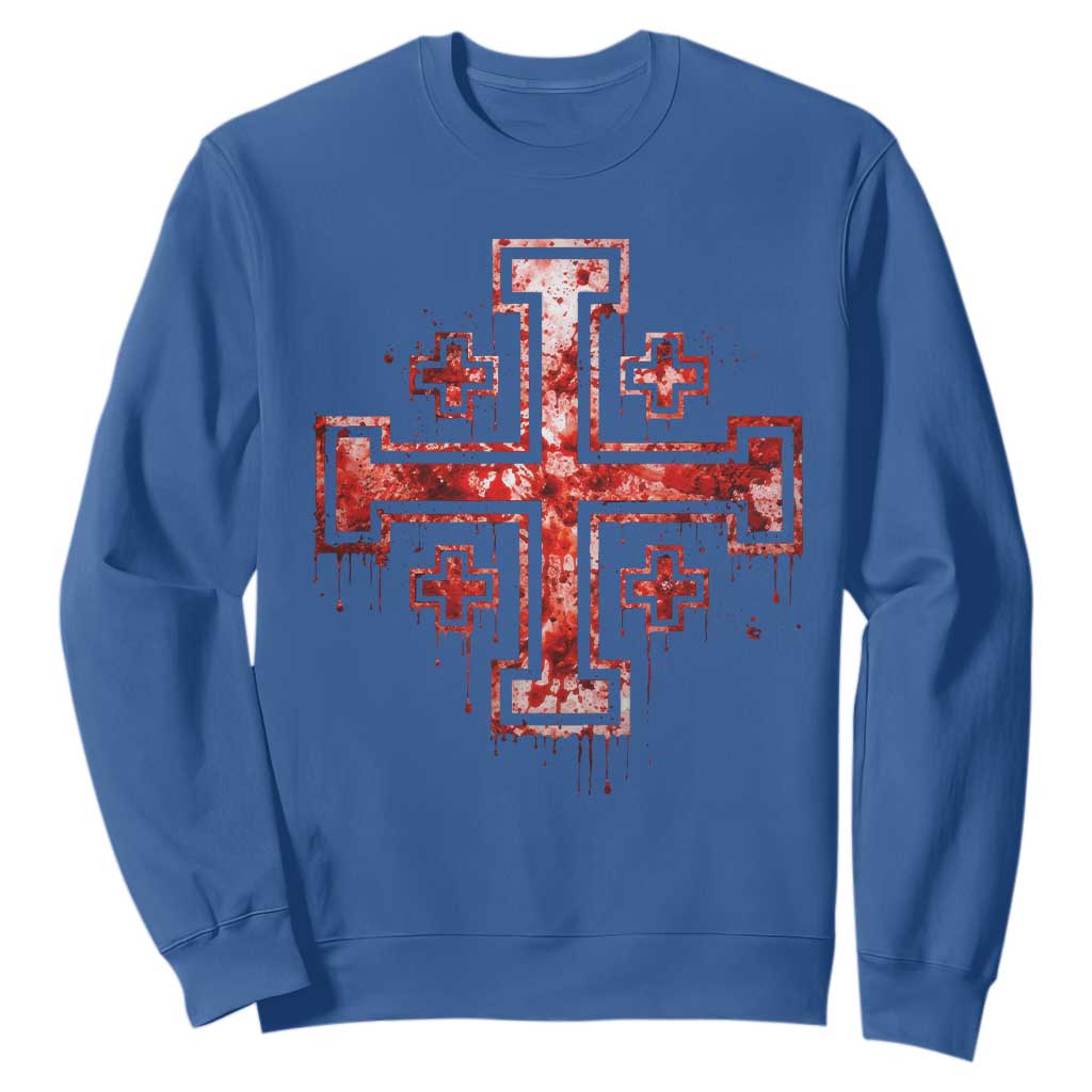 Crusader Jerusalem Cross Catholic Sweatshirt Gothic Christian Dark Faith Grunge Blood Splatter TS10 Royal Blue Print Your Wear