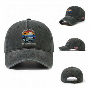 Bonus Dad Washed Cotton Baseball Cap The Man Myth Bad Influence Step Dad Fathers Day Gift TS10 Washed Cap Universal Fit Dark Green Print Your Wear