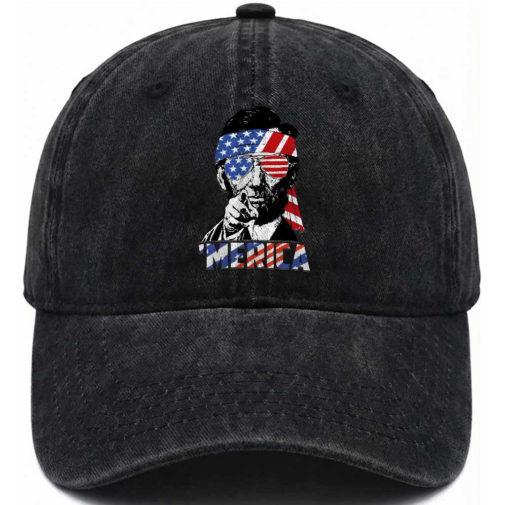 Funny Lincoln 4th Of July Merica Washed Cotton Baseball Cap Abe American Flag TS10 Washed Cap Universal Fit Black Print Your Wear