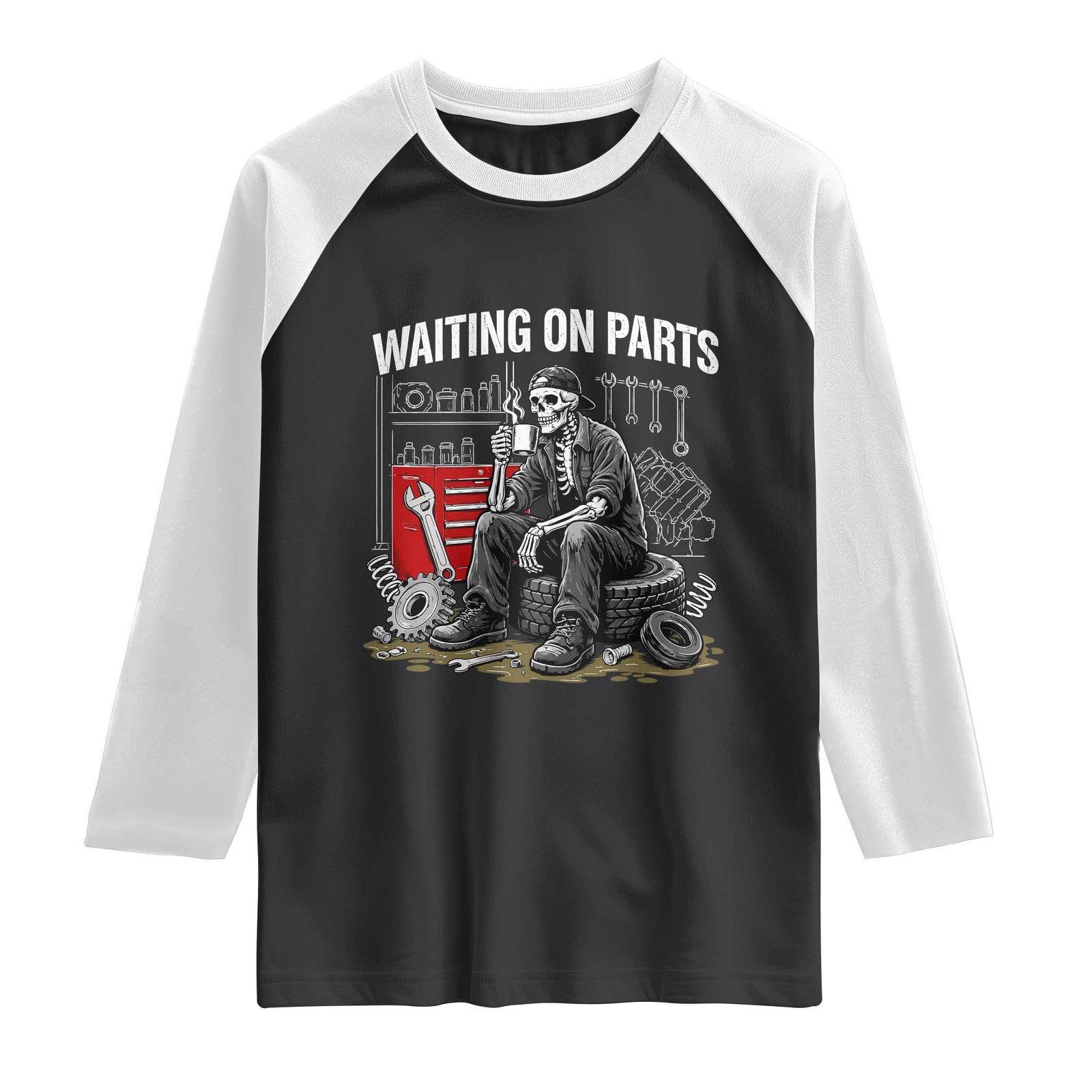 Funny Waiting On Parts Mechanic Skeleton Auto Repair Life Raglan Shirt TS10 Black White Print Your Wear
