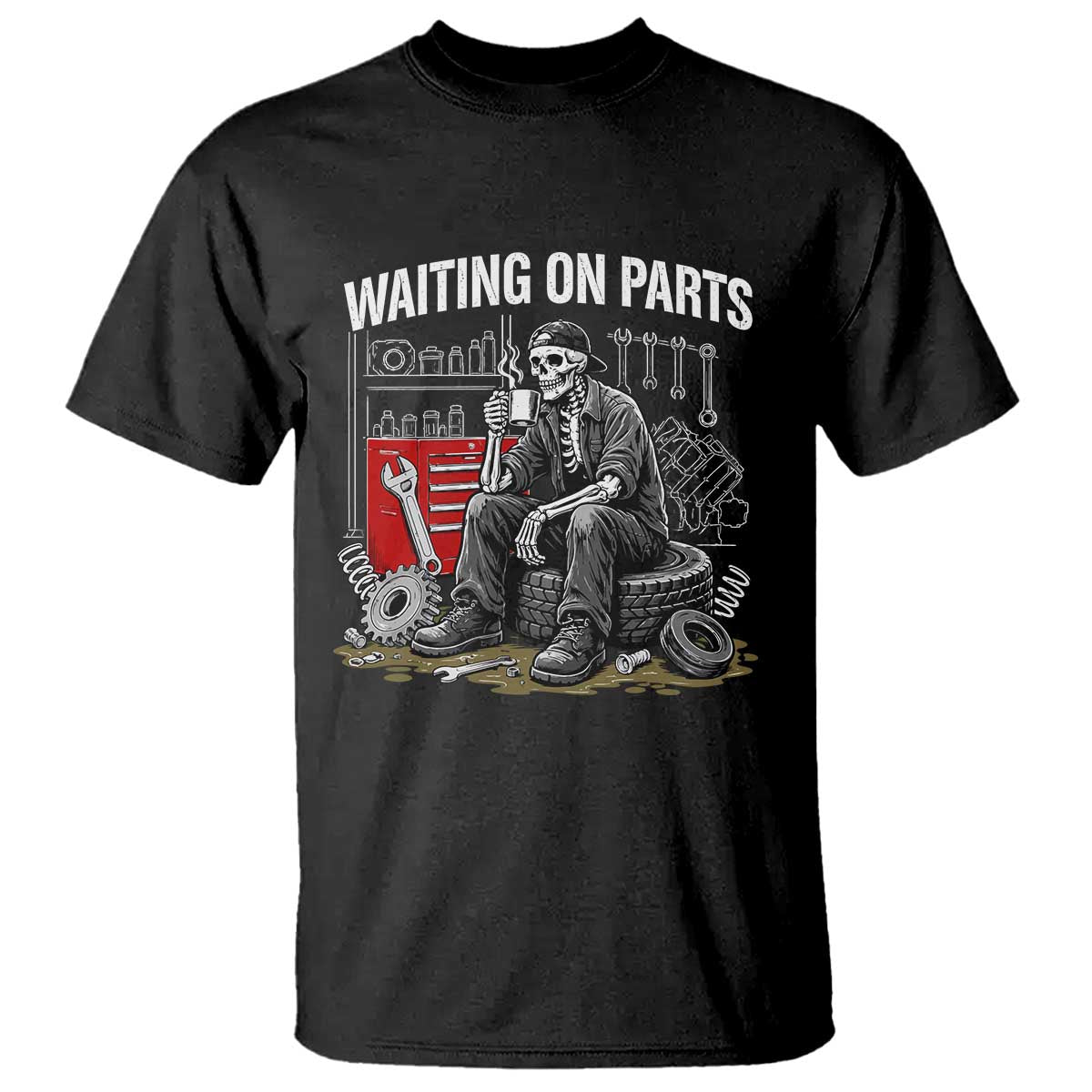 Funny Waiting On Parts Mechanic Skeleton Auto Repair Life T Shirt TS10 Black Print Your Wear