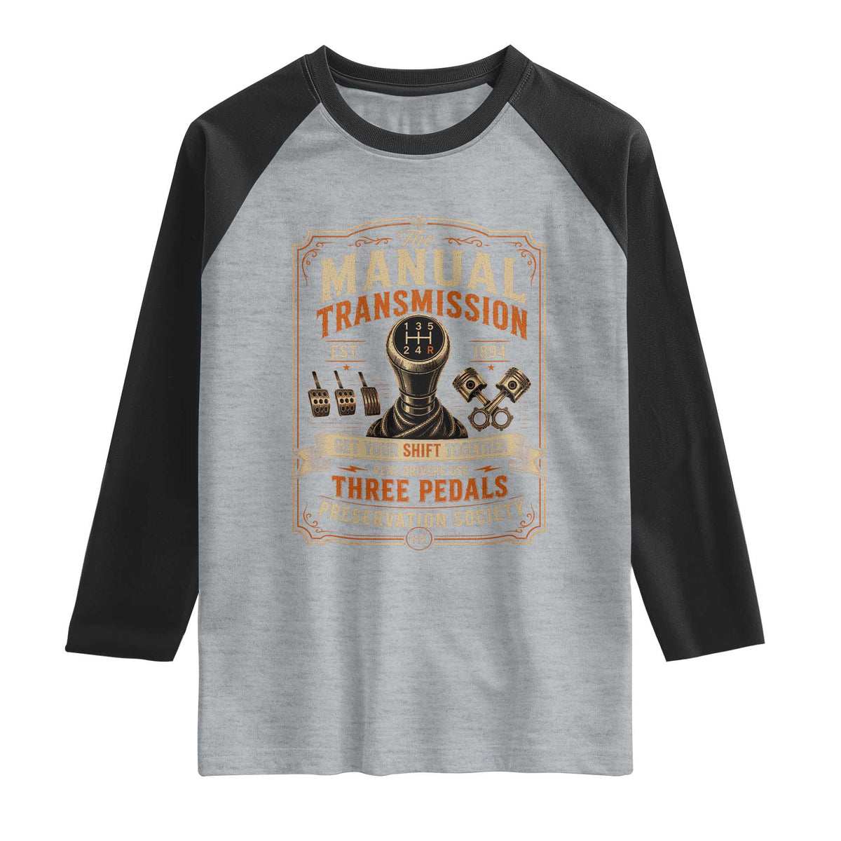 Car Guy Raglan Shirt The Manual Transmission Preservation Society TS10 Heather Gray Black Print Your Wear