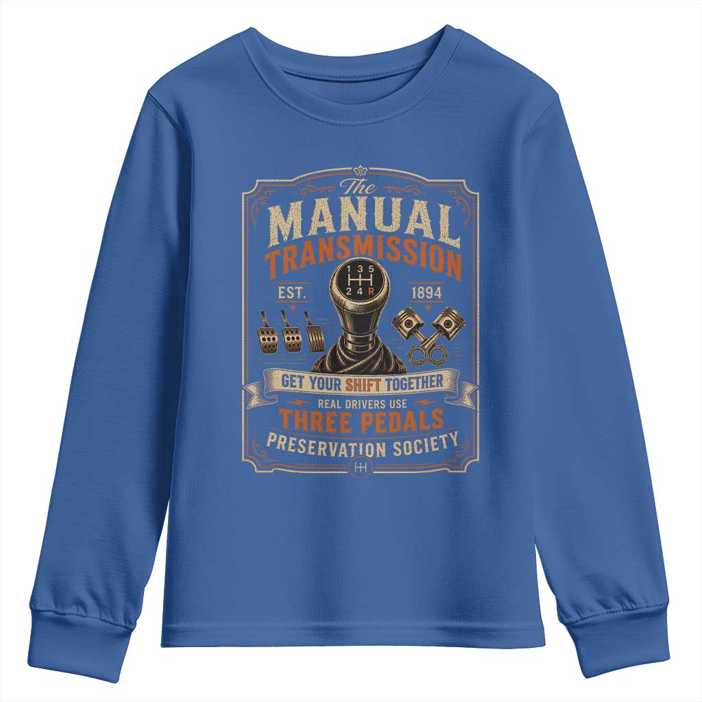 Car Guy Youth Sweatshirt The Manual Transmission Preservation Society TS10 Royal Blue Print Your Wear
