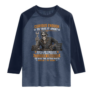 Mechanic Skeleton Raglan Shirt Curious Enough to Take It Apart Car Auto Repair Garage TS10 Heather Denim Navy Print Your Wear