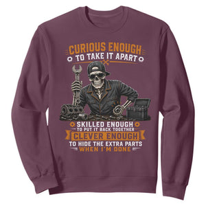 Mechanic Skeleton Sweatshirt Curious Enough to Take It Apart Car Auto Repair Garage TS10 Maroon Print Your Wear